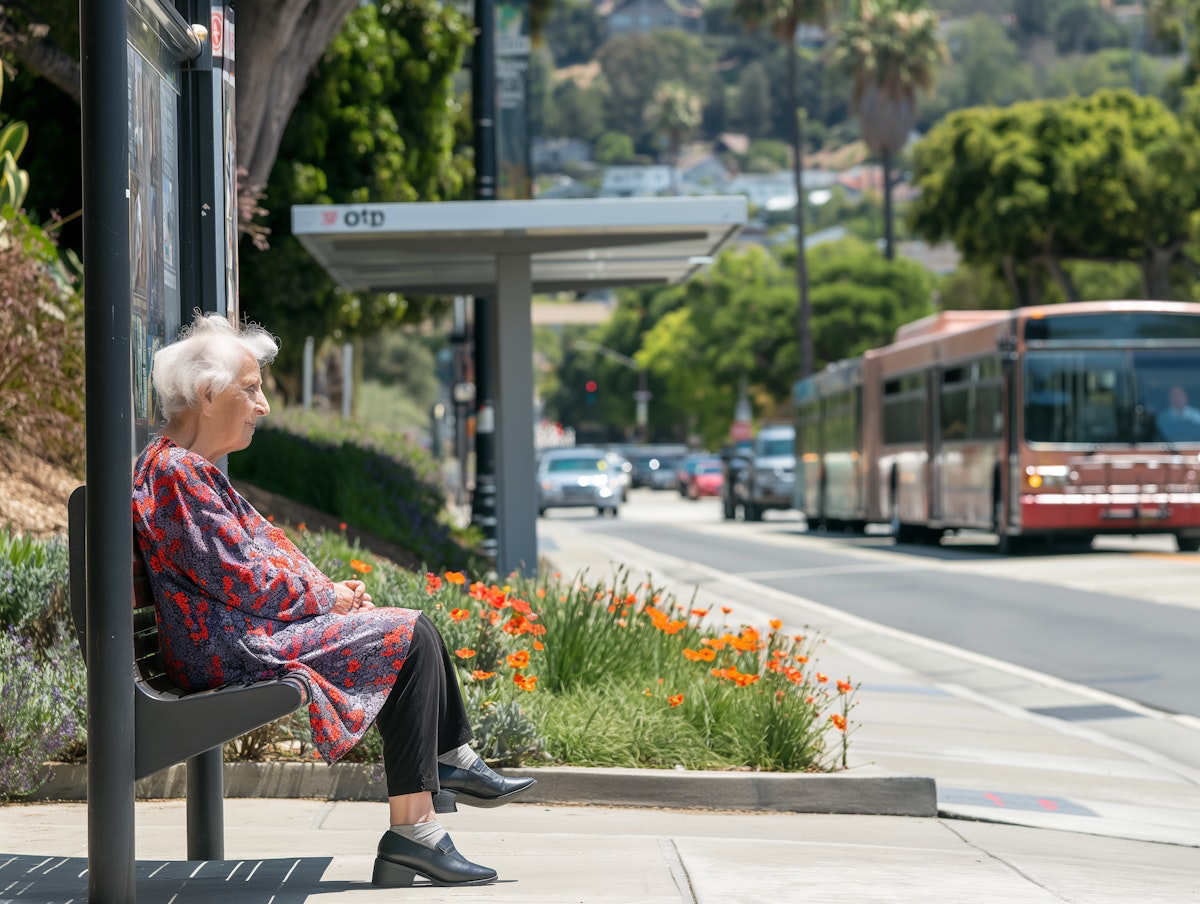 An older rider waiting at a bus stop as the bus arrives