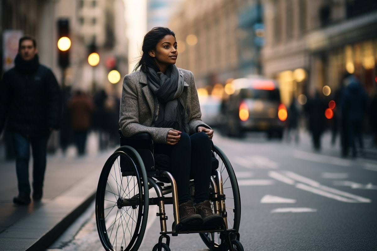 A woman using a wheelchair moving confidently through a city street